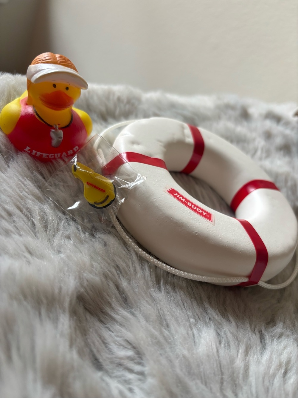 Lifeguard Rubber Duck Bath Toy, Croc Jibbitz, & Decorative White & Red Lifebuoy